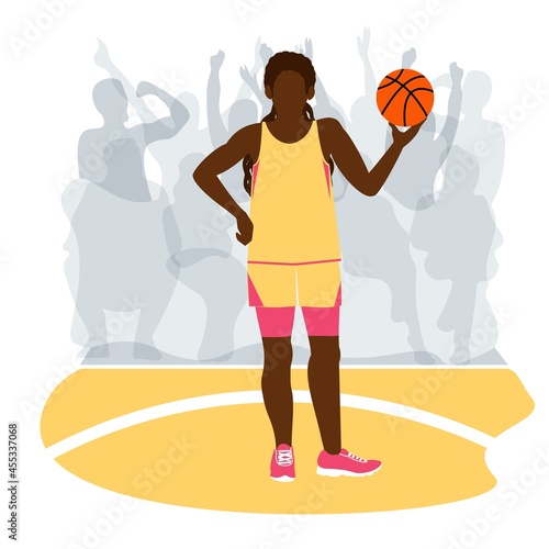 Black female basketball player. African American girl holds a basketball in her hands stand in a sports woman's uniform. Spectators in the stands background. Vector illustration EPS10