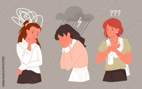 Sad unhappy woman in stress depression mental problem vector illustration. Cartoon young lonely depressed girl character crying, female teen person standing in rain of despair and sorrow background