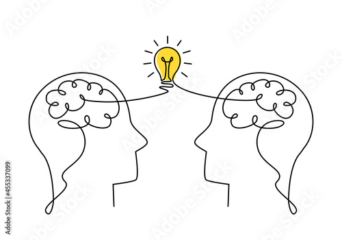 two human heads with a brain and a burning light bulb are drawn with one solid line.