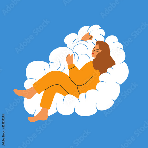 Woman sleeping on a cloud. Sweet dreams concept. Vector illustration in flat cartoon style.