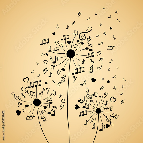 fluffy dandelions in the form of notes, musical signs and treble clefs. love for music.