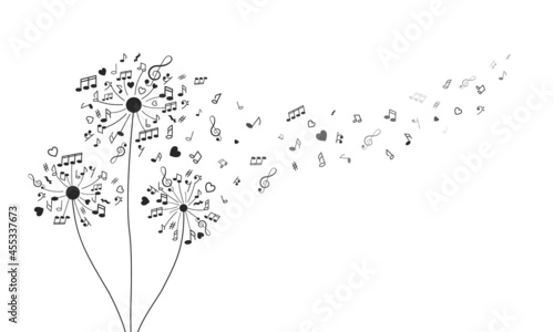 Fototapeta Naklejka Na Ścianę i Meble -  fluffy dandelions in the form of notes, musical signs and treble clefs. love for music.