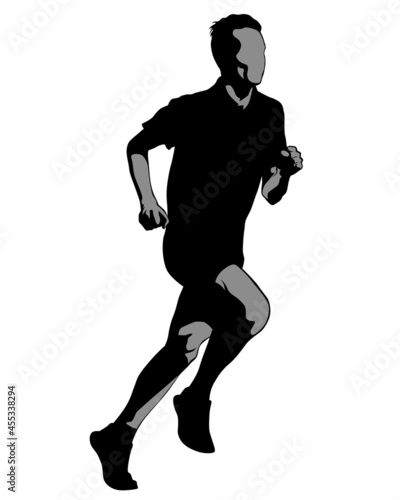 Young athletes run a marathon. Isolated silhouettes on white background