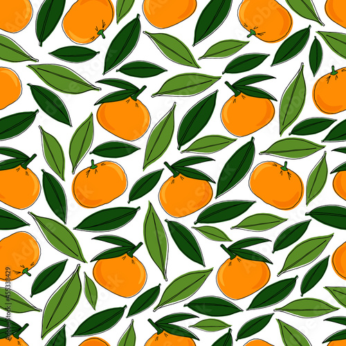 Botanical illustration: tangerines and leaves. Seamless pattern with fruit.A vector image.