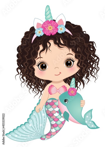 Cute Unicorn Baby Mermaid Holding Whale. Vector Unicorn Baby Mermaid 