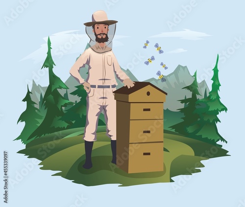 The beekeeper is standing next to the hive. Mountain landscape in the background. Honey production, vector illustration.