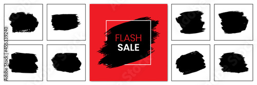 Set of Vector brush strokes black backgrounds. Artistic hand paint textures, splatters, paintbrushes, lines, artistic design elements.