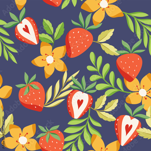 Seamless vector strawberry pattern.  Modern floral background with fruits, leaves. Modern template for social media, print, product, greeting cards.