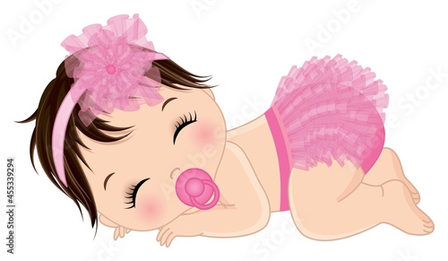 Cute Baby Girl Wearing Pink Ruffled Diaper Sleeping. Vector Baby Girl with Pacifier 