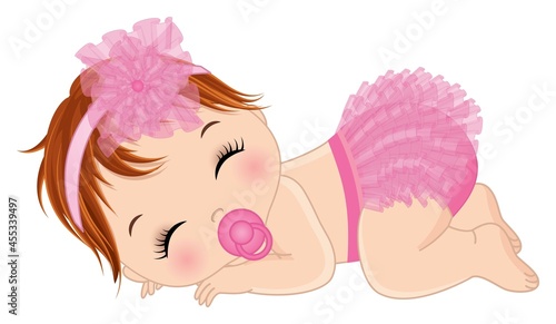 Cute Baby Girl Wearing Pink Ruffled Diaper Sleeping. Vector Baby Girl with Pacifier 