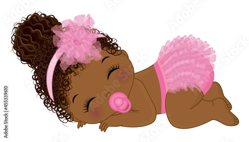 African American Baby Girl Wearing Pink Ruffled Diaper. Vector Baby Girl with Pacifier 