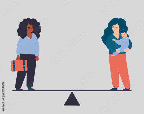 Balance between work and life. Businesswoman vs housewife mother with a baby on her hands both standing on the scales. Working mom are equal. Maternity, career, childcare concept. Vector illustration