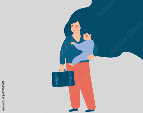 Business woman holding her baby on one hand and briefcase in the other hand. Working mom has one child. Concept of opportunity on the work during motherhood, work-time balance. Vector illustration