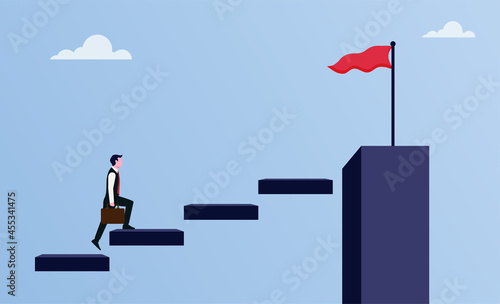 Businessman walking on stairs to flag target symbol illustration, career growth and development