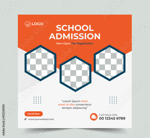 School education admission social media post or back to school web banner template or square flyer poster, School admission social media post. 