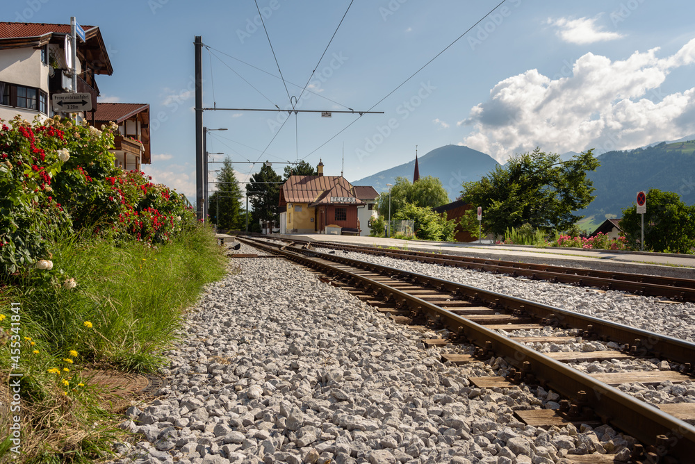 Train tracks towards the station in the city center, Telfes Im Stubai, Tyrol, Austria