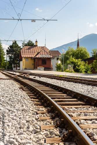 Train tracks towards the station in the city center, Telfes Im Stubai, Tyrol, Austria