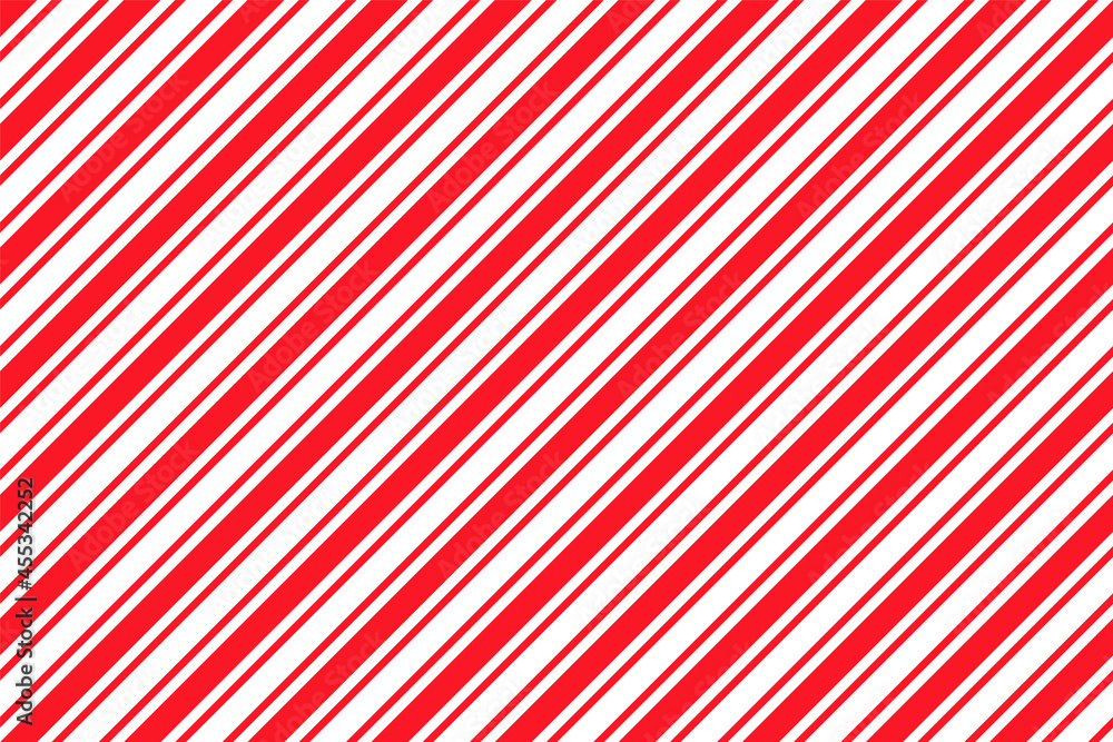 Candy cane striped pattern. Seamless Christmas red background. Peppermint wrapping texture. Cute caramel package print. Xmas holiday diagonal lines. Abstract geometric backdrop. Vector illustration. - obrazy, fototapety, plakaty 