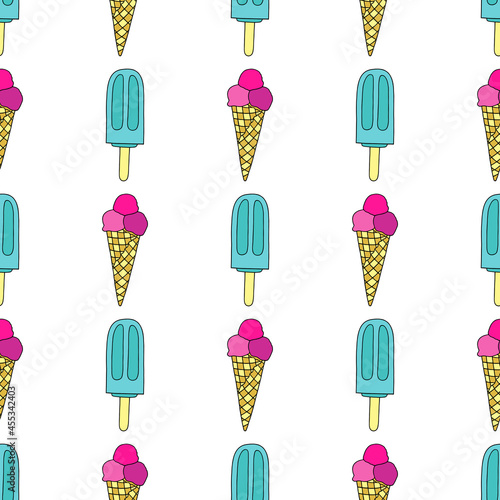 Bright seamless illustration with ice cream on a white background. Summer dessert. Vector drawing.