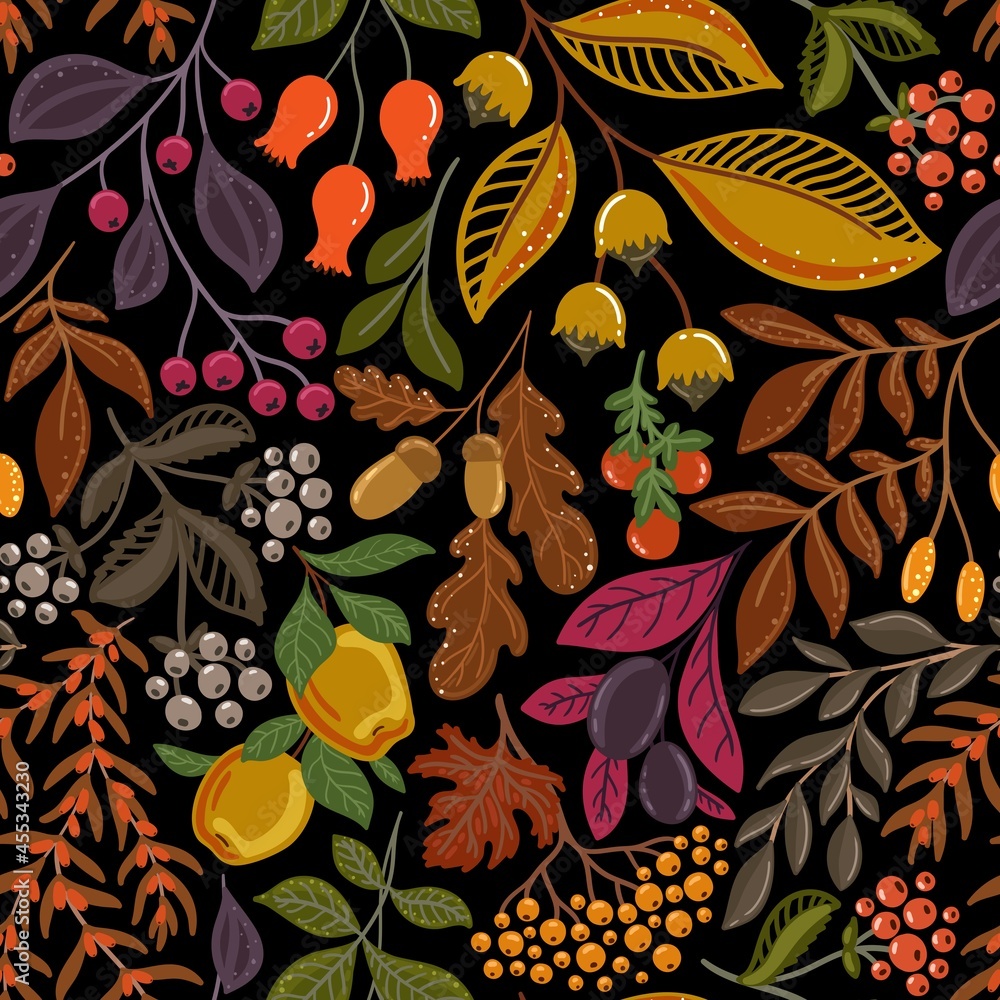 Black seamless vector background with autumn berries and nuts Black seamless vector background with autumn berries and nuts