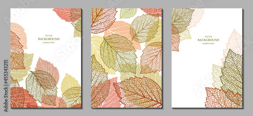 Floral vector templates with autumn leaves. Plant print for holiday posters, greeting cards, covers, banners, invitations. Natural trendy design. Set of seasonal textured backgrounds. Botanical art.