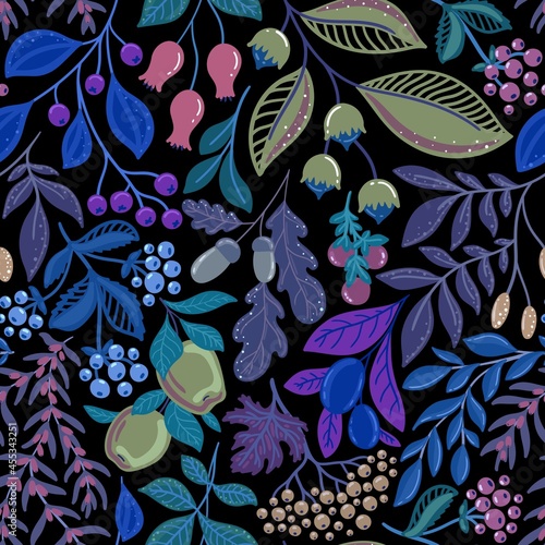 Black seamless vector background with bright blue berries and nuts