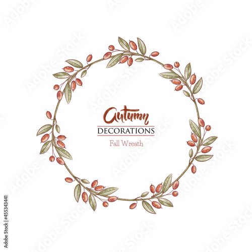 Red berry frame. Barberry wreath. Autumn hand drawn background