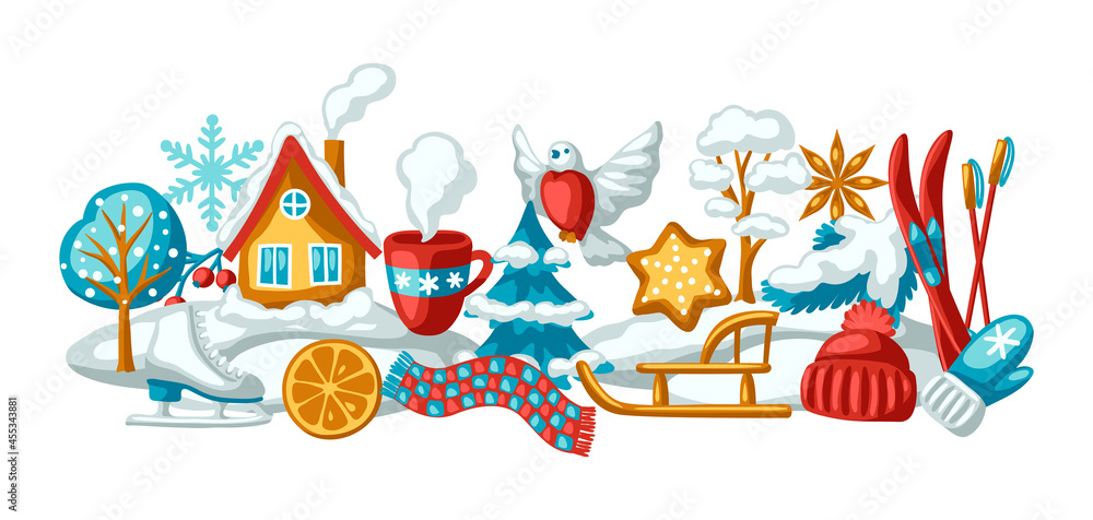Winter seasonal background. Outdoor leisure and cute fun things. Merry Christmas holiday and vacation.