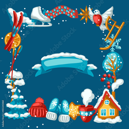Winter seasonal frame. Outdoor leisure and cute fun things. Merry Christmas holiday and vacation.