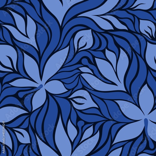 Black seamless vector background with blue hibiscus flowers