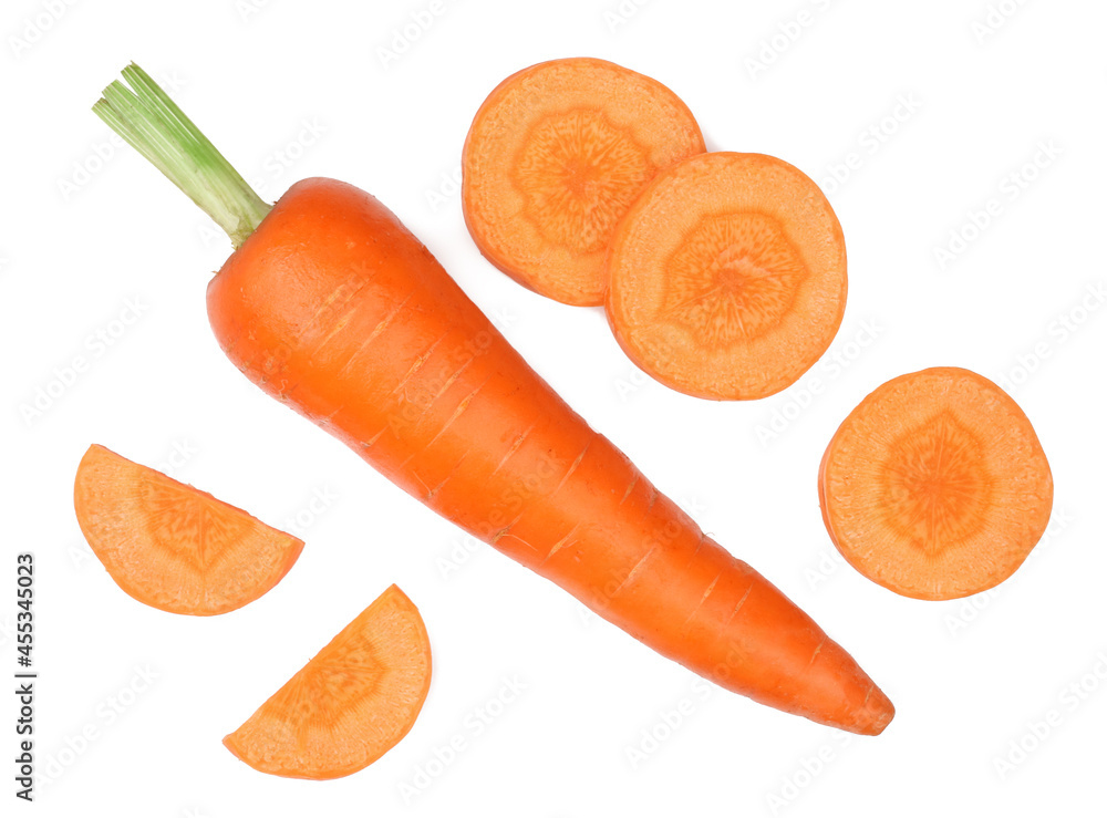 Carrots and slices isolated on white, top view Carrots and slices isolated on white, top view