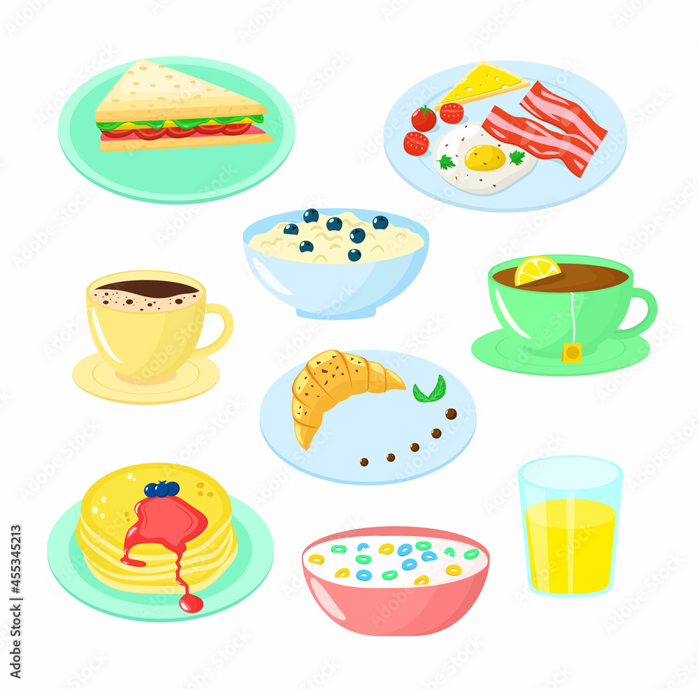 Set of vector cartoon breakfast food and drink. Classic brunch concept. Flat illustration. Set of vector cartoon breakfast food and drink. Classic brunch concept. Flat illustration.