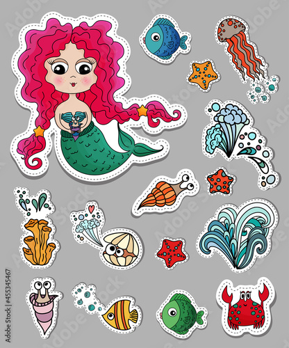 
Cute little mermaid . Cartoon sea animals stickers. Mermaid with long curly hair. Sea Underwater character, little baby marmaid with long curly pink hair. Underwater wildlife. Cute whale, fish, crab,