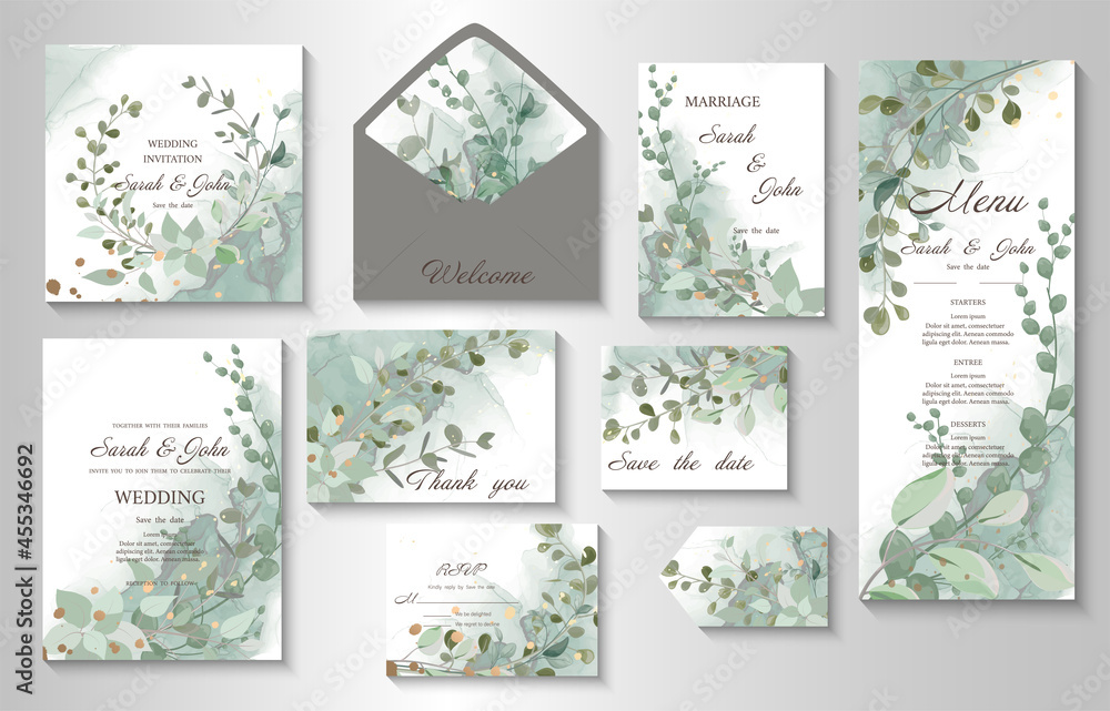 Modern creative design,  background marble texture with leaves. Wedding invitation.  Alcohol ink. Vector illustration.