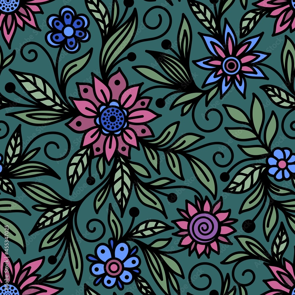 Emerald seamless vector background with pink and blue flowers