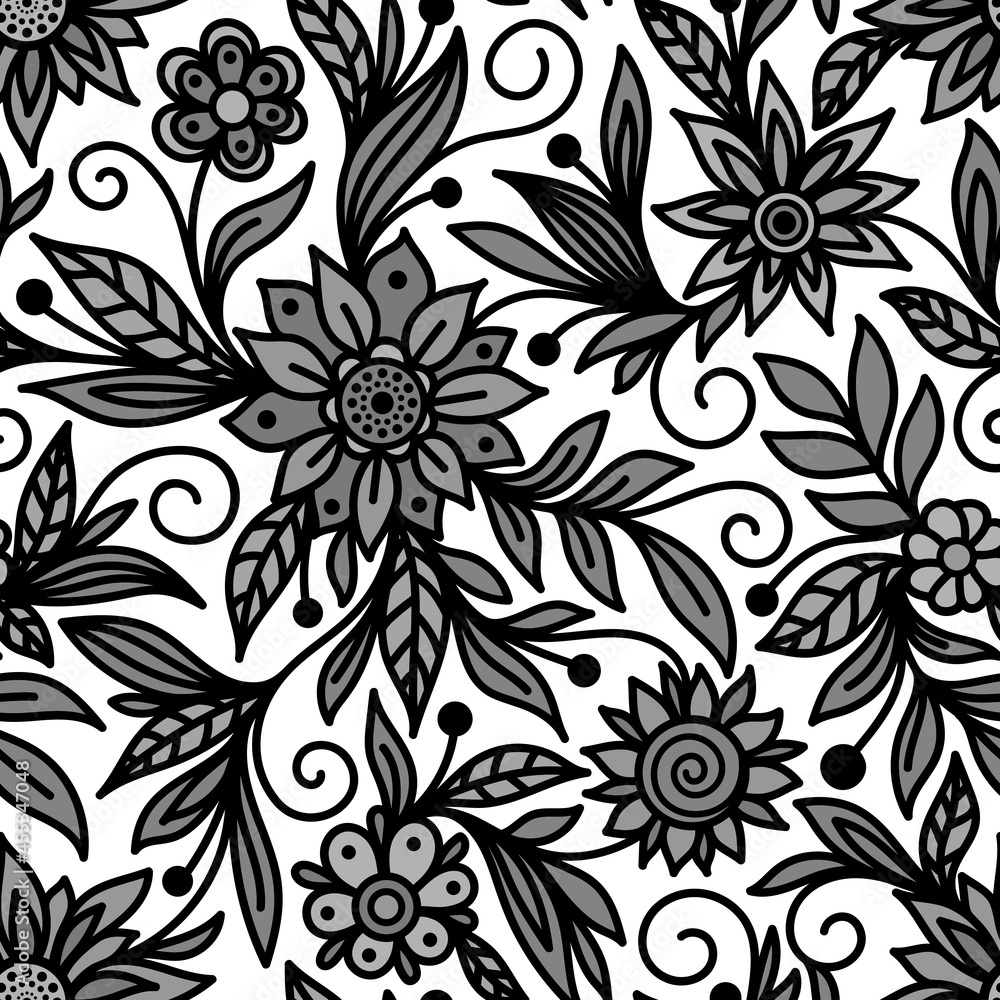 White seamless vector background with gray flowers