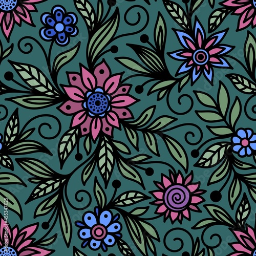 Emerald seamless vector background with pink and blue flowers