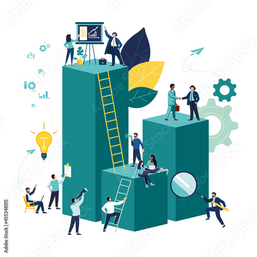 Vector illustration, powerpoint, business assistant. Teamwork on productivity, brainstorming investment management. Business group of people characters pondering an idea.Investing money in a project