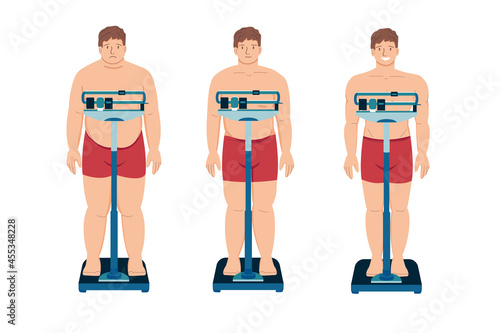 Weight loss. Fat patient man. Flat  cartoon young sad person with overweight and happy person  with slim thin body, standing on the scales. Vector illustration isolated on white.