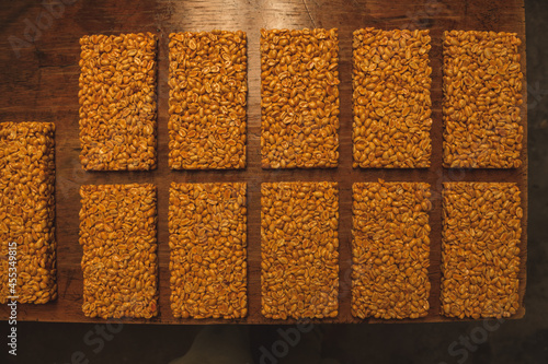 Typical Mexican sweets, called palanquetas, are made with peanuts and brown sugar. Put on tables to dry and can be packed.