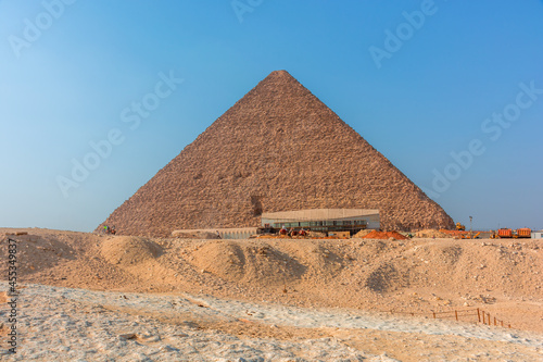 View of the pyramids in the Giza valley on a bright sunny day