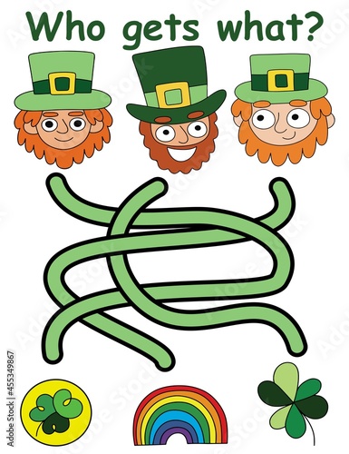 Happy St Patrick Day maze game for preschool children vector illustration. Who gets what - visual labyrinth with three leprechauns, three tangled tracks and gold coin, rainbow and shamrock