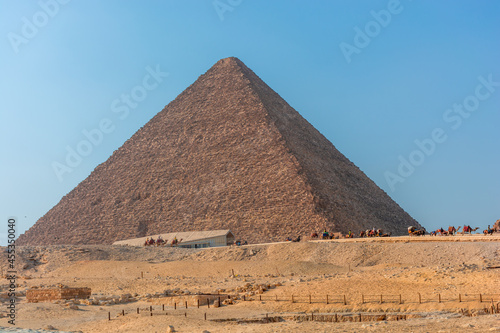 View of the pyramids in the Giza valley on a bright sunny day