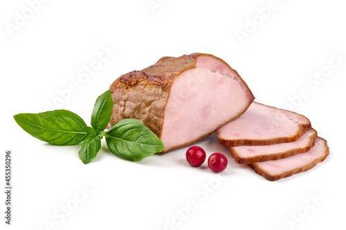 Sliced smoked pork loin, isolated on white background.