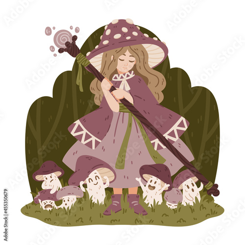 Mushroom witch, with a magic staff, a cape and a fly agaric hat. The enchantress grows boletus. Halloween drawing for poster, cards and more. Vector illustration isolated on white background.