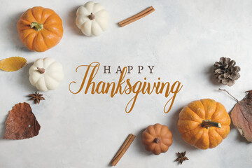 Happy Thanksgiving banner with fall background showing top view of pumpkins and leaves for holiday season.
