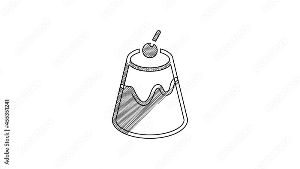 Black line Pudding custard with caramel glaze icon isolated on white background. 4K Video motion graphic animation Black line Pudding custard with caramel glaze icon isolated on white background. 4K Video motion graphic animation