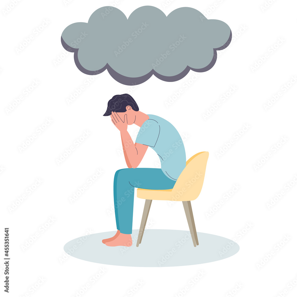 Fototapeta premium Depressed man. Depression and headache, migraine. Sits on a chair. Thunder cloud. Pain, crying and mental distress. Flat cartoon illustration on a white background.