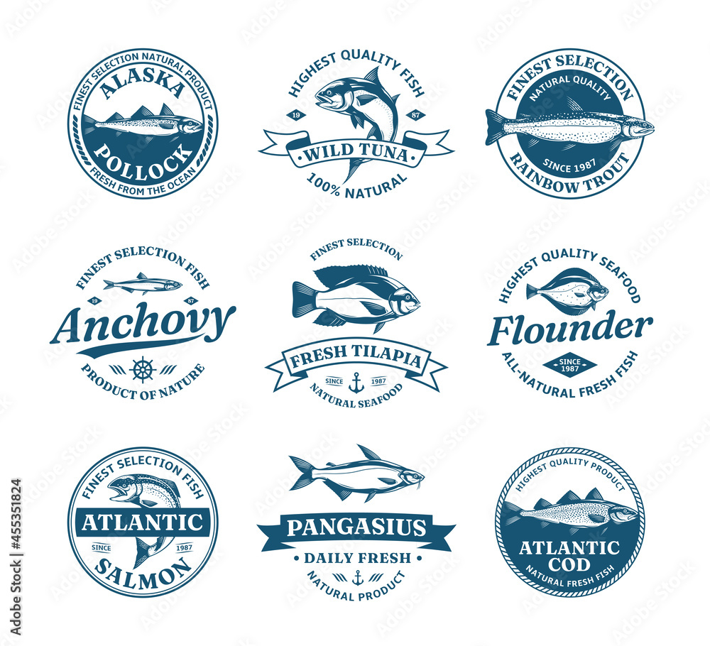Fototapeta premium Vector fish logo and fish illustrations for fisheries, seafood markets, packaging and advertising