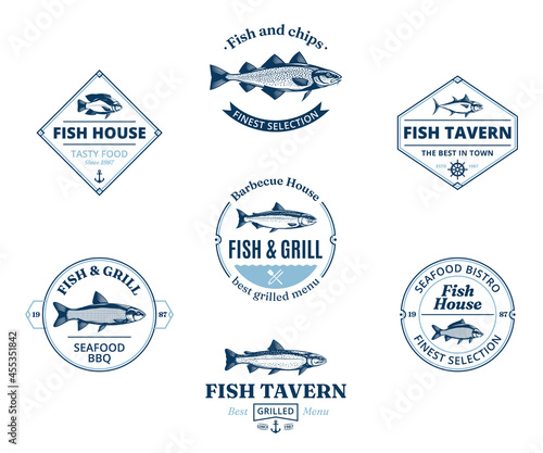 Vector fish restaurant logo, design elements, icons and fish illustrations